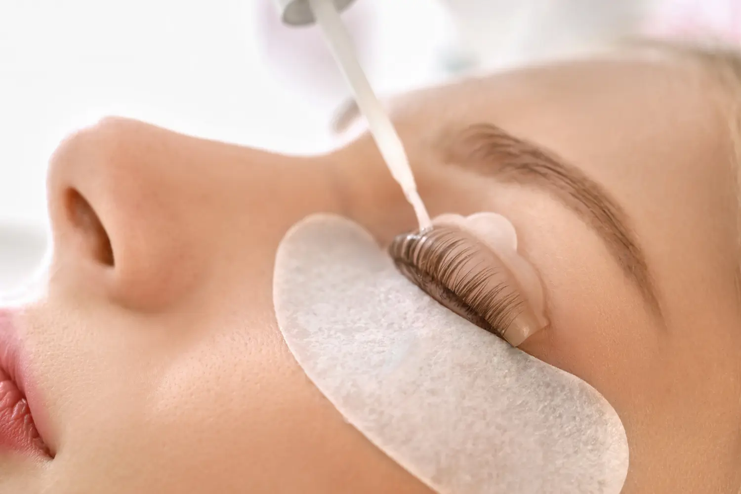 Collage with photos of young woman before and after eyelash extension procedure